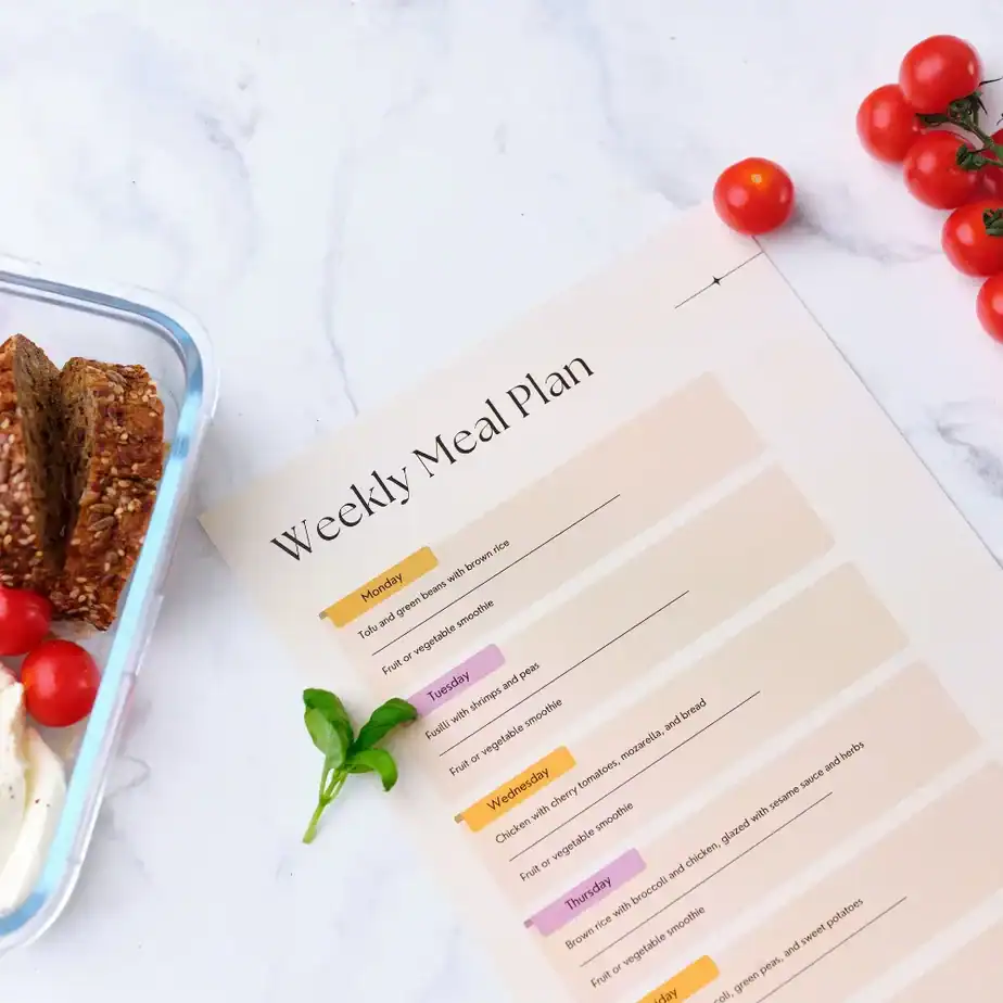 food in glass containers on a counter with a weekly meal plan printable ready to be filled out
