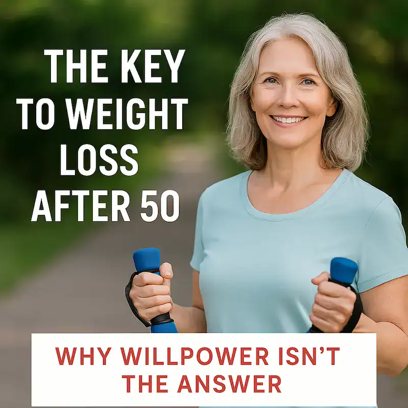 Confident silver-haired woman in her 50s holding dumbbells outdoors, smiling, with overlay text: The Key to Weight Loss After 50 – Why Willpower Isn’t the Answer.