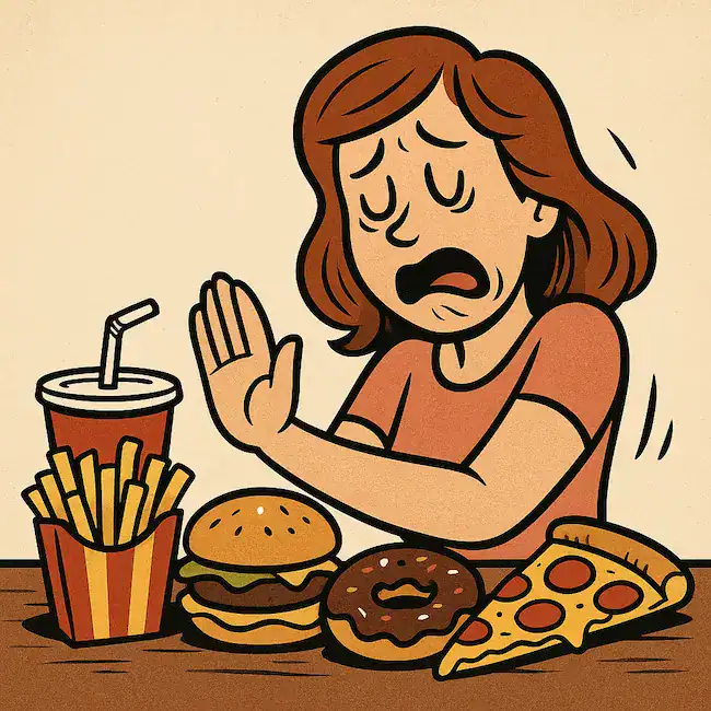 Cartoon woman recoiling from a table of junk food with a distressed expression and outstretched hand, symbolizing guilt and resistance often tied to diet culture and food restriction.