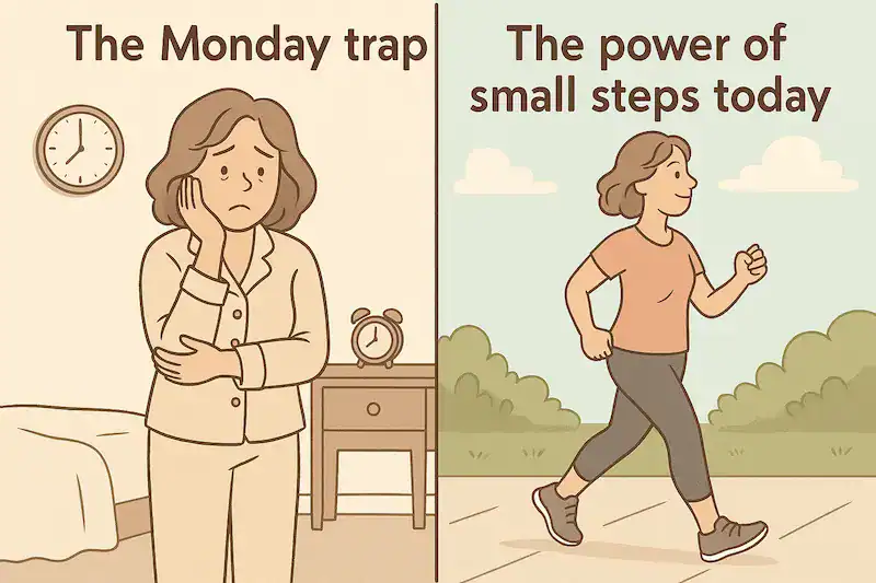 Cartoon image showing The Monday trap vs. the power of small steps today