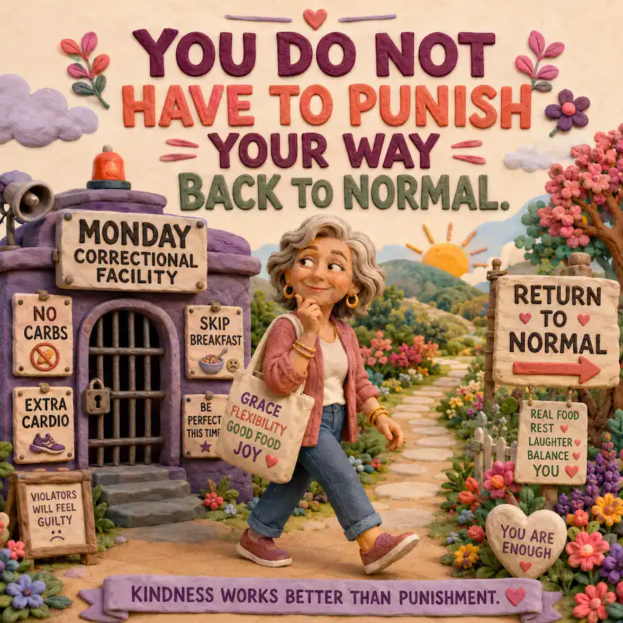 Colorful clay-style illustration of a smiling woman walking away from the “Monday Correctional Facility,” with signs reading “No Carbs,” “Extra Cardio,” “Skip Breakfast,” and “Be Perfect This Time,” toward a path marked “Return to Normal.” Large text reads, “You do not have to punish your way back to normal.”