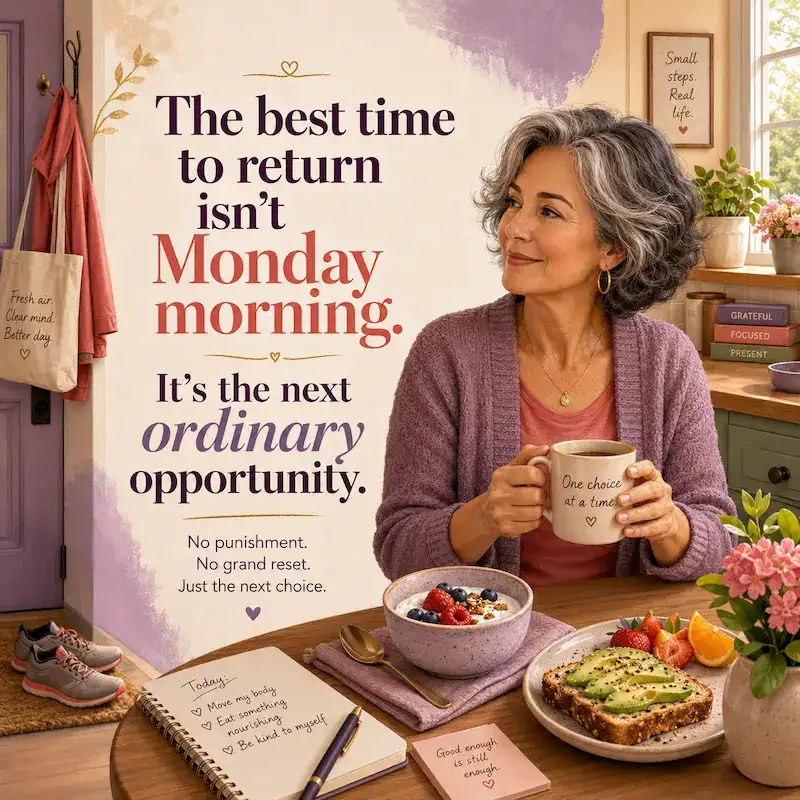 Square quote graphic showing a calm, attractive woman in her late 50s sitting at a sunny kitchen table with a coffee mug, yogurt with berries, avocado toast, fruit, and a notebook nearby. Walking shoes by the door and soft morning light add an everyday, real-life feel. The illustration uses warm plum, coral, sage, lavender, and cream tones with a polished, slightly clay-like editorial style. Large text reads: “The best time to return isn't Monday morning. It's the next ordinary opportunity.” Smaller text reads: “No punishment. No grand reset. Just the next choice.”