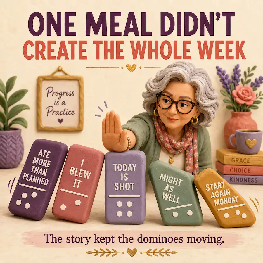 Colorful square editorial illustration in a clay-animation style showing a silver-haired woman in glasses stopping a row of falling dominoes with her hand. The dominoes read, from left to right: “ATE MORE THAN PLANNED,” “I BLEW IT,” “TODAY IS SHOT,” “MIGHT AS WELL,” and “START AGAIN MONDAY.” Large headline text at the top says, “ONE MEAL DIDN’T CREATE THE WHOLE WEEK,” and smaller text at the bottom says, “The story kept the dominoes moving.” The mood is warm, hopeful, and playful, emphasizing interrupting the spiral after one off-plan meal.