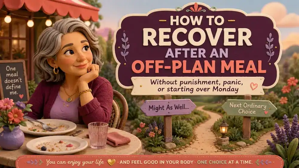 Clay-style illustration of a thoughtful woman over 50 sitting at a restaurant table after a meal, with signs pointing to “Might As Well…” and “Next Ordinary Choice,” beneath the headline “How to Recover After an Off-Plan Meal.”