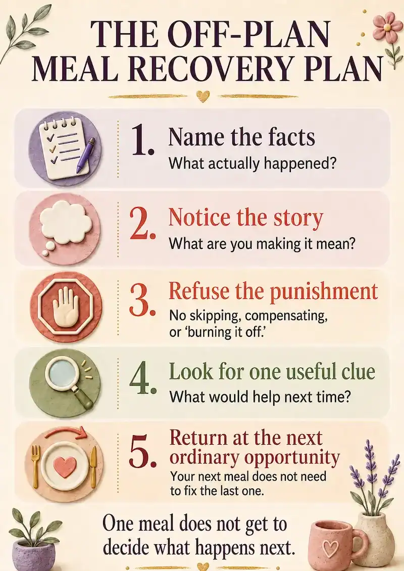 Vertical infographic titled “The Off-Plan Meal Recovery Plan” with five steps: name the facts, notice the story, refuse punishment, look for one useful clue, and return at the next ordinary opportunity. Each step includes a colorful clay-style icon. Closing text reads, “One meal does not get to decide what happens next.”