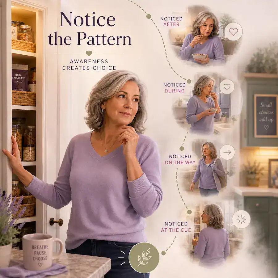 Square featured image showing a thoughtful woman over 50 standing at an open pantry in a warm kitchen. The headline says “Notice the Pattern” with the subheading “Awareness Creates Choice,” and smaller side images show four stages of awareness: noticed after, noticed during, noticed on the way, and noticed at the cue.