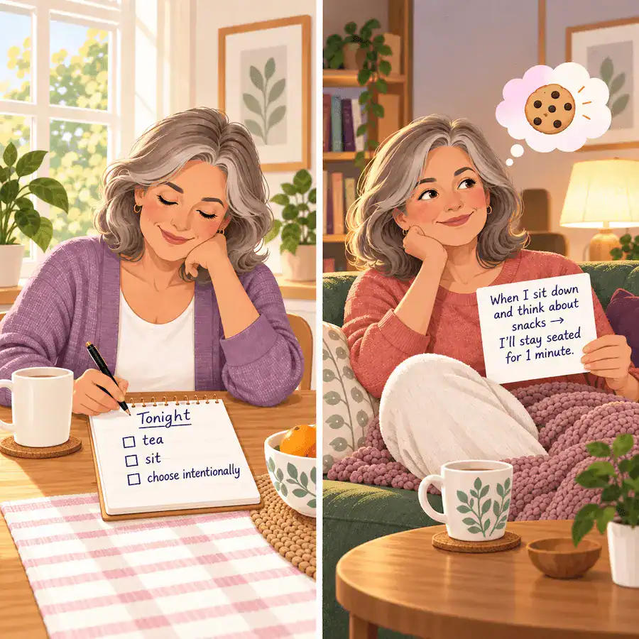“Woman over 50 shown planning in the morning and later sitting on the couch in the evening with a cue card that says she will stay seated for one minute when she starts thinking about snacks.