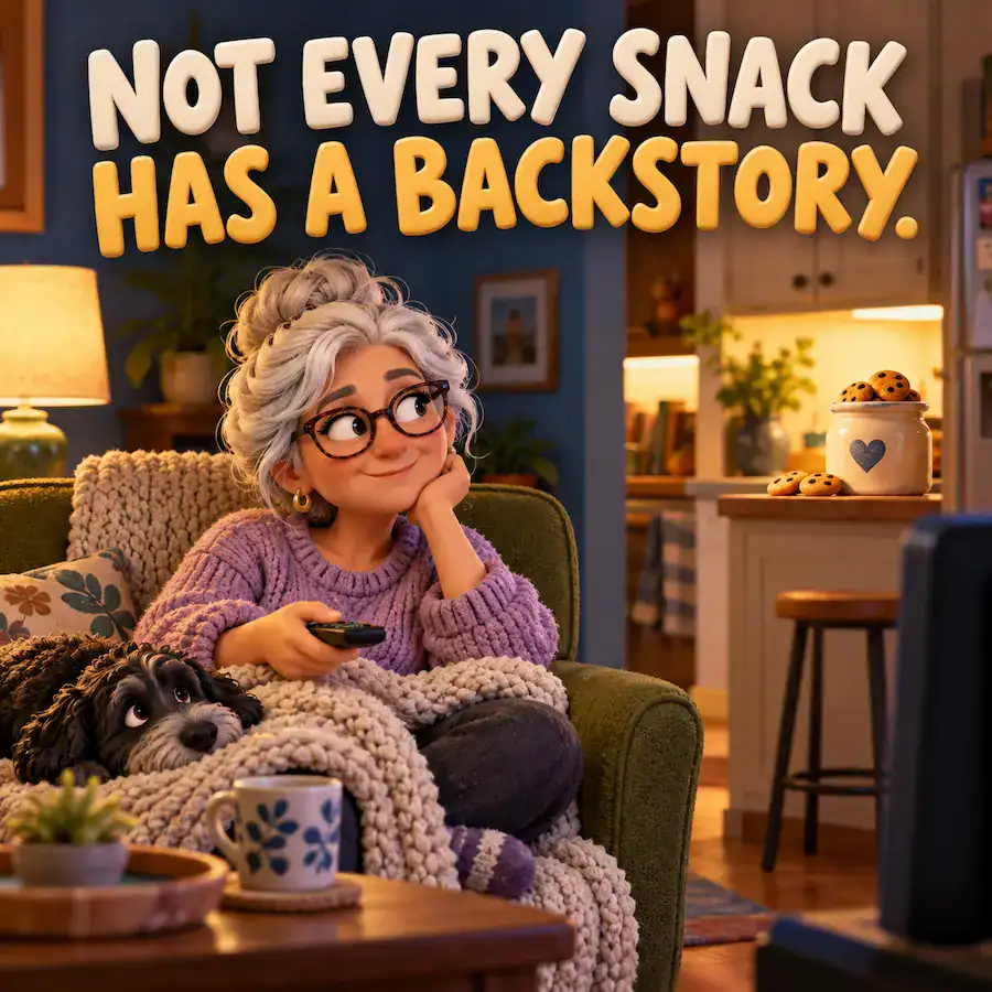 Clay illustration of a silver-haired woman watching television while looking toward a cookie jar in the nearby kitchen. Text reads: Not every snack has a backstory.