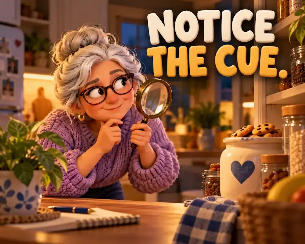 Clay illustration of a silver-haired woman using a magnifying glass to investigate cookies in the kitchen. Text reads: Notice the cue.