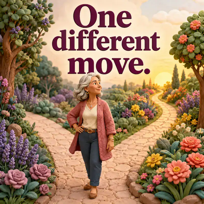 mature woman standing in a garden with two paths making one different move