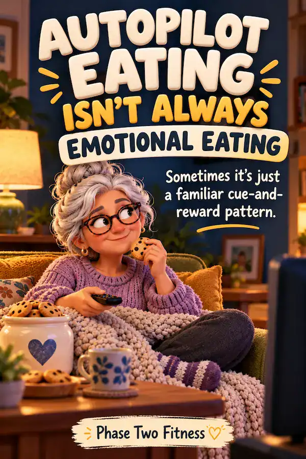 Clay illustration of a silver-haired woman relaxing on the couch with a cookie and TV remote. Text reads: Autopilot Eating Isn't Always Emotional Eating. Sometimes it's just a familiar cue-and-reward pattern.
