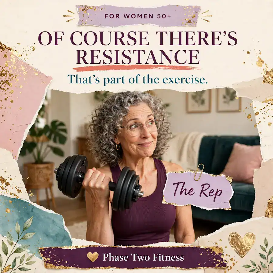 Collage of a smiling woman in her 60s with curly gray hair and glasses, wearing a plum workout top, doing a dumbbell curl at home. Headline reads 'Of Course There's Resistance,' with the line 'That's part of the exercise.' A small label beside the dumbbell reads 'The Rep.' Phase Two Fitness.