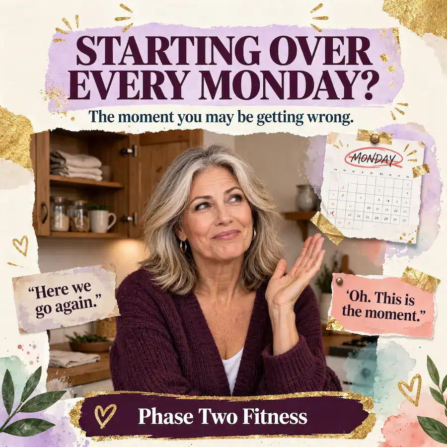 Collage of a woman in her 60s standing in her kitchen in the evening, paused in front of an open cabinet with one hand half-raised and a knowing half-smile. The headline reads 'Starting Over Every Monday?' with the line 'The moment you may be getting wrong.' Two labels appear beside her: a faded one saying 'Here we go again,' and a bright one saying 'Oh. This is the moment.' Behind her, a calendar page shows the word Monday circled and crossed out. Phase Two Fitness.