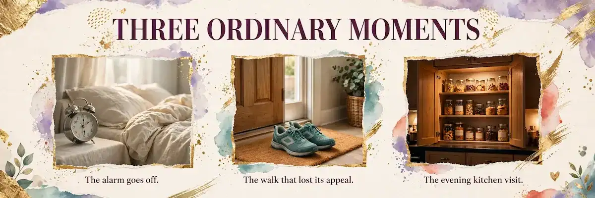 Collage titled 'Three Ordinary Moments' with three photos side by side. First, an alarm clock on a nightstand beside an unmade bed, captioned 'The alarm goes off.' Second, a pair of teal walking shoes waiting by a front door, captioned 'The walk that lost its appeal.' Third, an open kitchen cabinet full of snack jars in warm evening light, captioned 'The evening kitchen visit.'