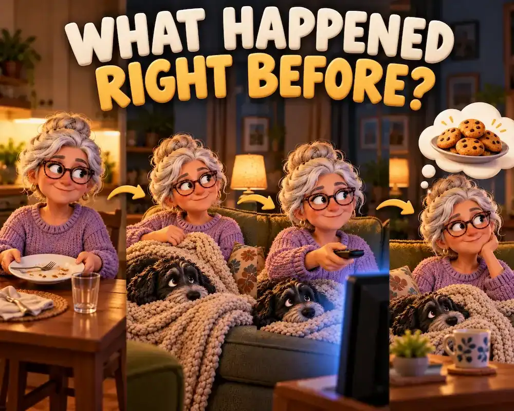 Four-part clay illustration showing a woman finishing dinner, settling on the couch, turning on the television, and thinking about cookies.